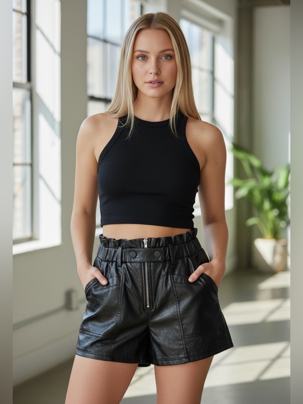 See By Chloe Black Faux Leather High-Waist Paperbag Shorts